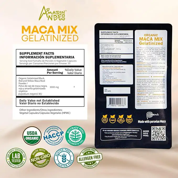 Triple Maca Capsules | Black + Red + Yellow Chemotypes | 3,000 mg per Serving | 100 Vegan Capsules | Junín, Peru | USDA Organic — image 2