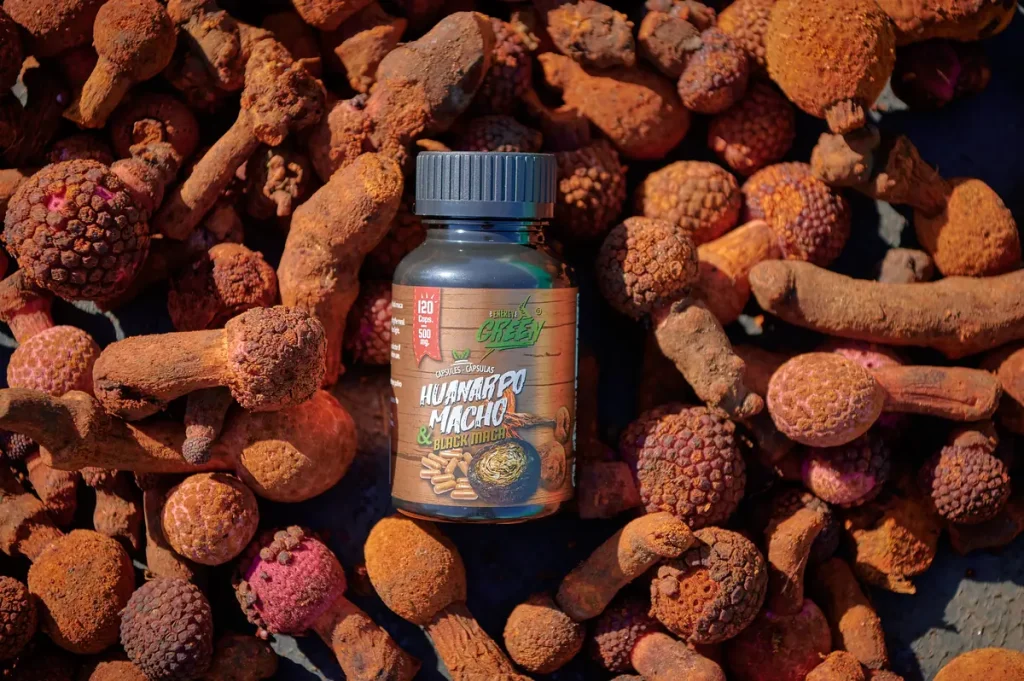 Close-up of a premium blend of black maca and huanarpo macho powder, showing a fine dark texture for bulk manufacturing.
