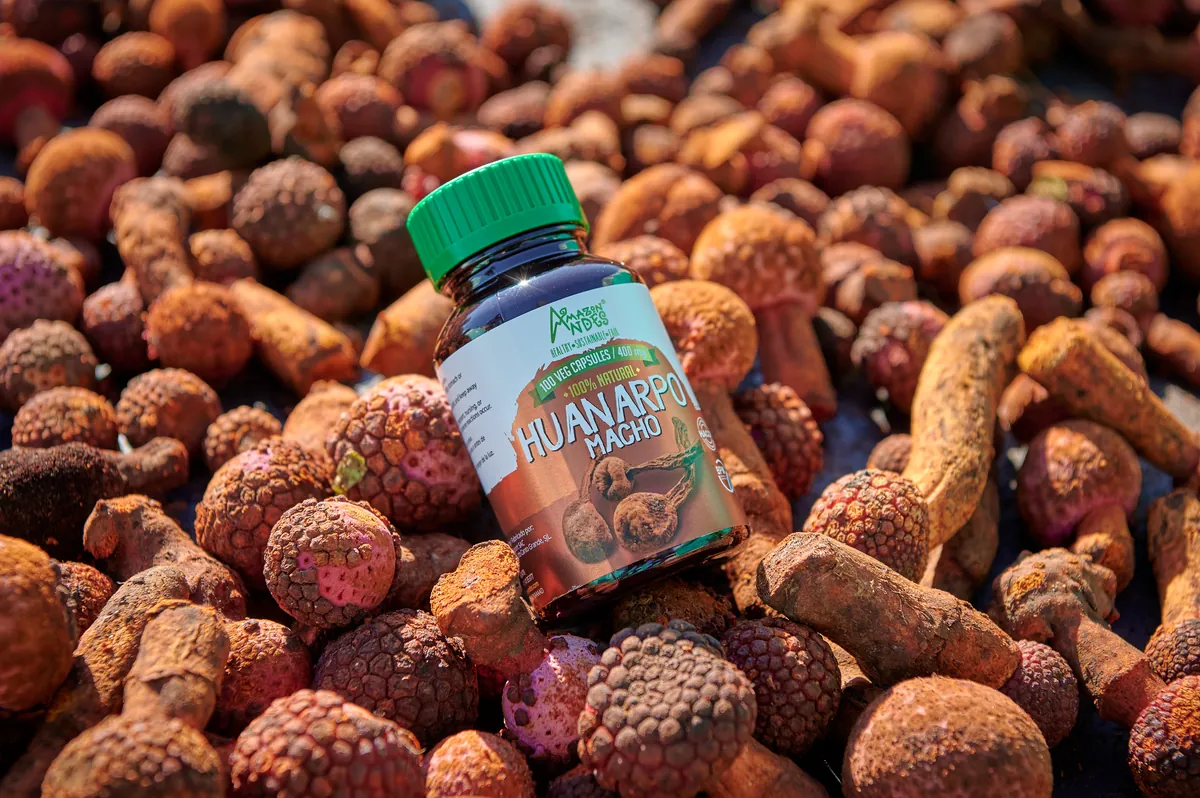 A bottle of Amazon Andes Huanarpo Macho atomized extract capsules resting on a pile of sun-dried Huanarpo roots ready for processing