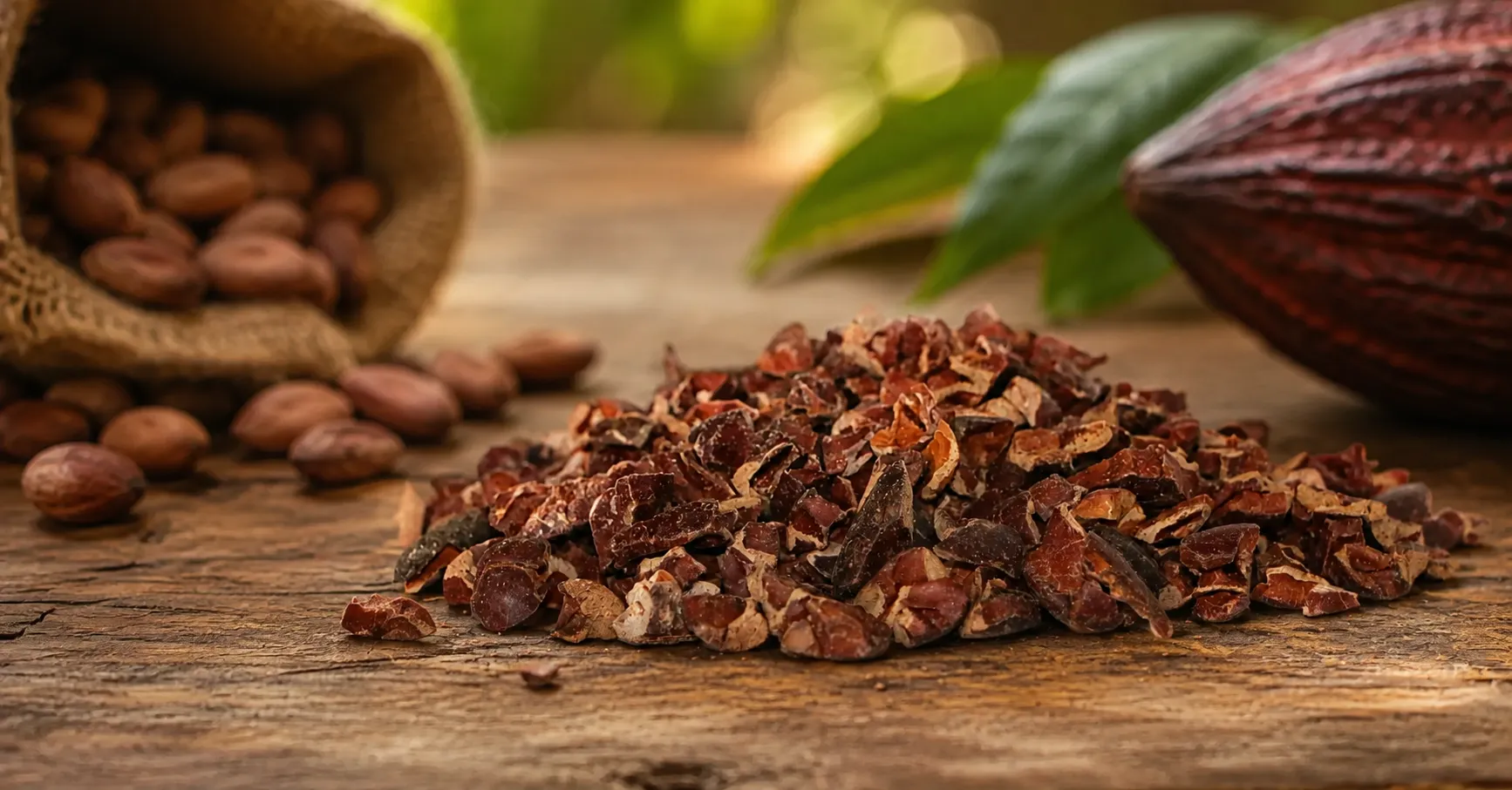 Bulk cacao nibs on a rustic surface in the peruvian amazon rainforest, showing the format used in food and ingredient applications