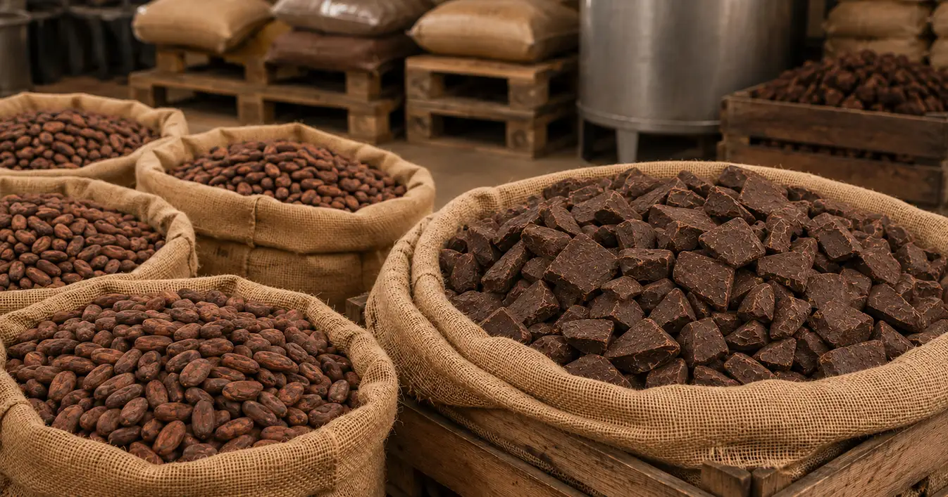 Cacao Paste and cacao beans in Market bags