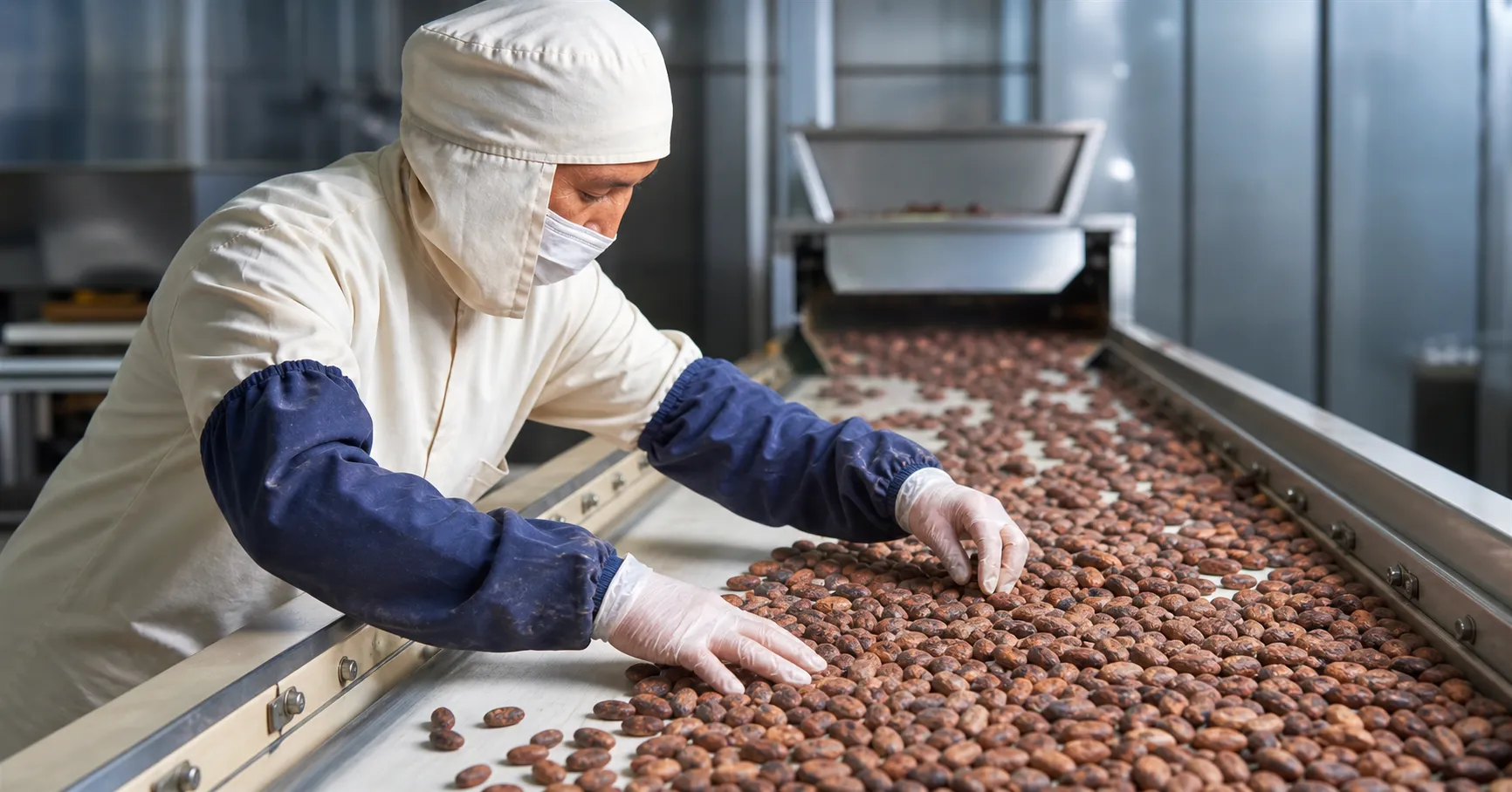 worker inspecting cacao beans on a processing line for quality control